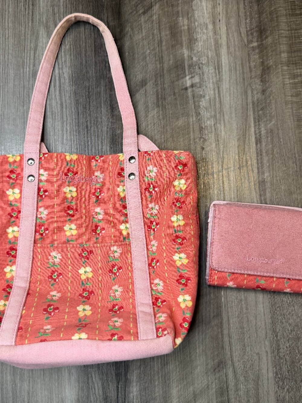Longaberger pink floral tote and matching wallet set (preowned)